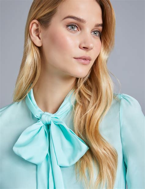 Womens Light Green Plain Fitted Satin Blouse Pussy Bow Hawes And Curtis