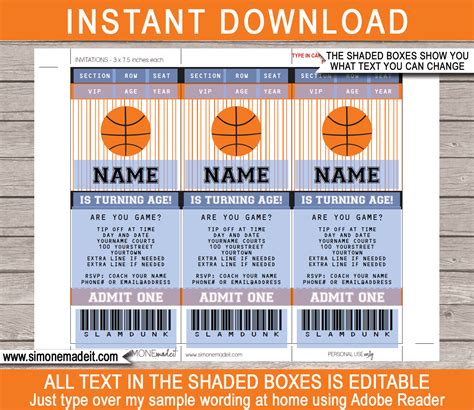 Basketball Ticket Invitation Template Printable Birthday Party Ticket