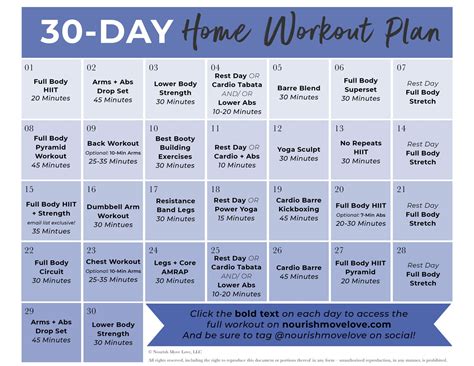 30 Day Workout Plan Calendar Graphic Nourish Move Love