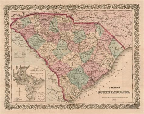 Vintage Map Of South Carolina 1876 Wallmapsforsale