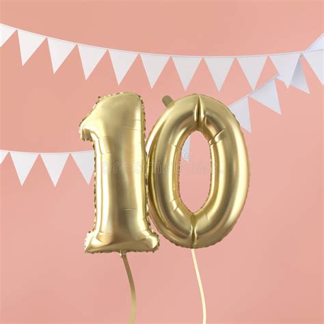 Happy 10th Birthday Party Celebration Gold Balloon And Bunting 3d