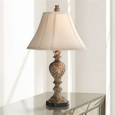 Regency Hill Traditional Table Lamp Carved Brown Tan Fabric Square Bell