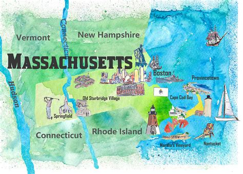 Usa Massachusetts State Travel Poster Map With Touristic Highlights