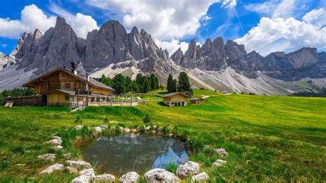 Hills Rocks House Grass Beautiful Cabin Sky Lake Pond Mountain