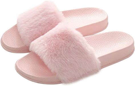 Pink Womens Slippers Fuzzy Slides Fluffy Sandals Faux