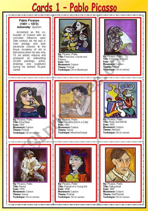 Cards 1 Pablo Picasso Esl Worksheet By Venezababi