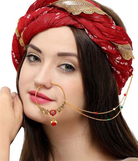 Aadita Ethnic Traditional Gold Plated Long Chain Pearl Nose Pin Nathani For Women And Girls Buy
