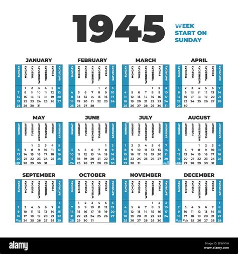 1945 Year Historic Calendar Weeks Start On Sunday Stock Vector Image