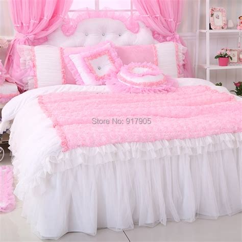 Home Textile Romantic Pink Rose Bedding Sets White Pink Bedding Sets Princess Lace Ruffle