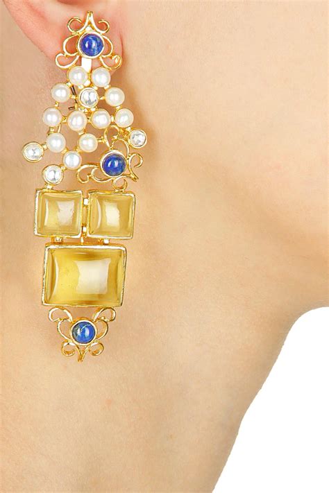 Gold Finish Deco Glass Stone Earrings With Shell Pearls By Rohita