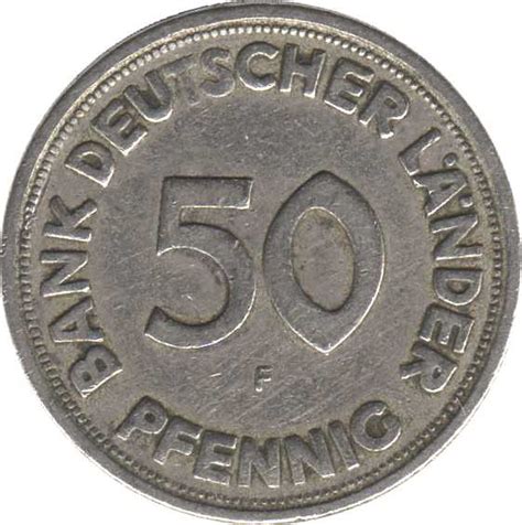 Die umschrift enthält die nominaleinheit pfennig, eingefasst in zwei punkte, und den namen der ausgabestelle bank deutscher länder. 50 pfennig (Bank Deutscher Länder) - Allemagne ...