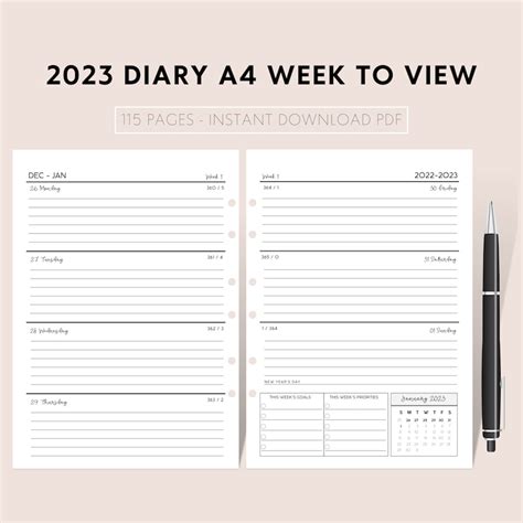 2023 Diary A4 Week To View 2023 Printable Planner 2023 Etsy Uk