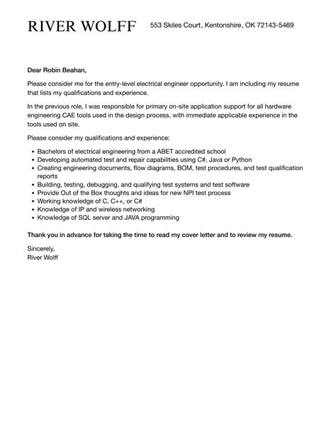 Entry-Level Electrical Engineer Cover Letter | Velvet Jobs