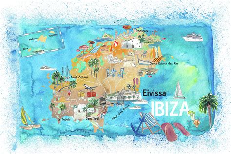 Ibiza Spain Illustrated Map With Landmarks And Highlights Mixed Media