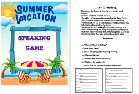 Summer Vacation Speaking Game Worksheet Summer Download Worksheet