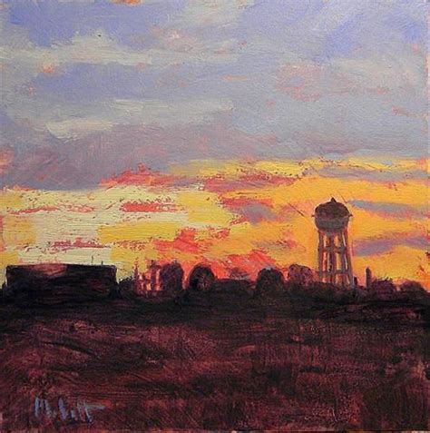 Daily Paintworks Silhouetted Water Tower Sunset Landscape Daily Oil