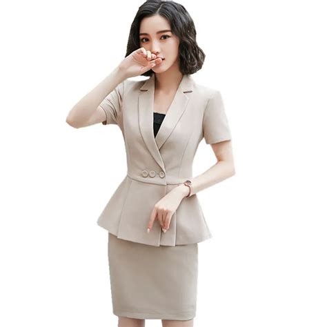 Fmasuth Formal Office Skirt Suit For Women Work 2 Pieces Short Sleeve