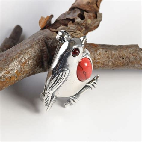 Robin Brooch In Silver And Coral Bird Brooch Womens Etsy