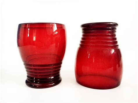 Vintage Set 6 Ruby Red Drinking Glasses Ribbed Glass Beehive Rings Hand Blown Tumblers Penny