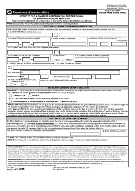 Fillable Va Form 21 0966 Intent To File A Claim For Compensation And