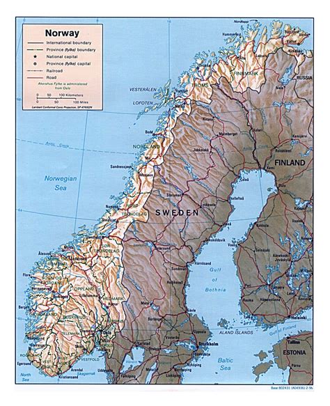 Detailed Political And Administrative Map Of Norway With Relief Roads