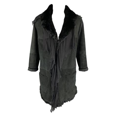 Emanuel Ungaro Size 2 Black Rabbit Fur Lined Shearling Ruffle Coat For