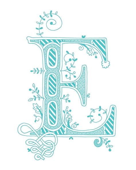 Hand Drawn Monogrammed Print 8x10 The Letter E In The Color Blue
