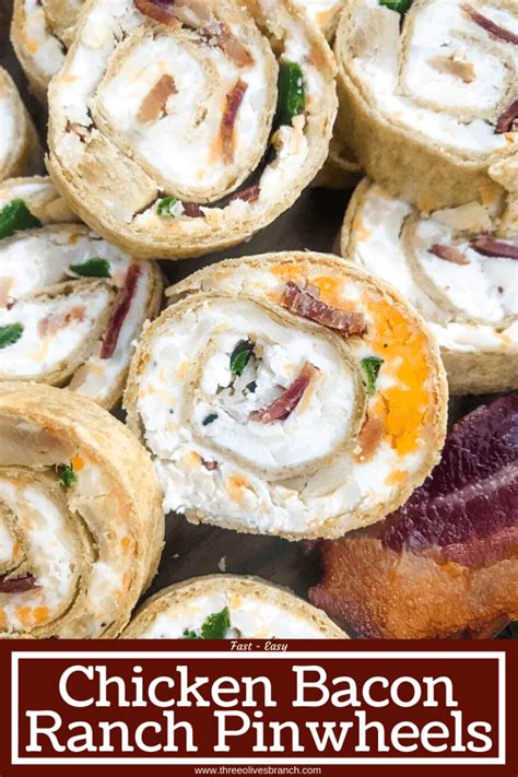 Bacon cheddar ranch pinwheels are the ultimate party appetizers that you can put together in less than 20 minutes. Chicken Bacon Ranch Pinwheels - Three Olives Branch