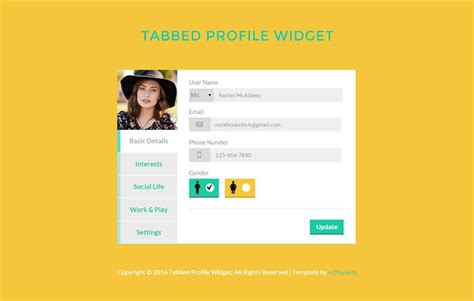 Feel free to include your hobbies or your interests. Tabbed Profile Widget Responsive Template - w3layouts.com