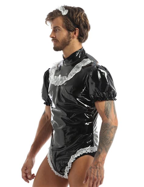 Sissy Mens Halloween French Maid Cosplay Costume Dress Wetlook Servant