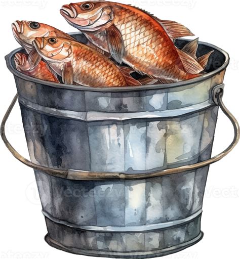 Watercolor Drawing Fishing Bucket Full Of Fish With Red Fins Angling