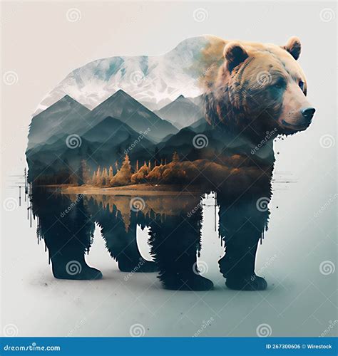 Ai Generated Illustration Of Double Exposure Bear With Landscape Stock