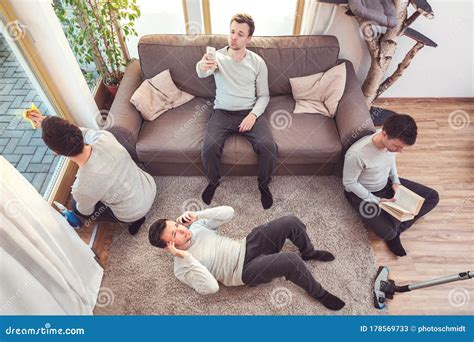 Man At Home Doing Various Activities Stock Image Image Of Living