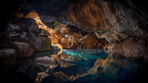 X Iceland Cave Surrouned With Blue Body Of Water K K HD K Wallpapers Images