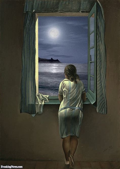 Girl Looking Out Window At Moon Painting In 2019 Moon Painting Dali