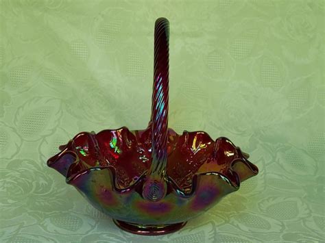 Vintage Fenton Red Iridescent Carnival Glass Basket Leaves And Berries Aunt Gladys Attic