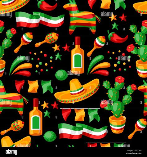 Mexican Cinco De Mayo Seamless Pattern National Holiday Items Stock