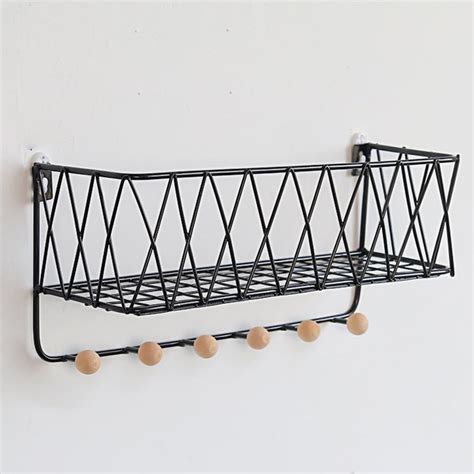 Wall Mounted Shelf Wire Rack Storage With Hooks Basket Key Hanging