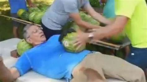Video Captures Man Setting Record For Slicing Most Watermelons In Half On His Stomach Abc News