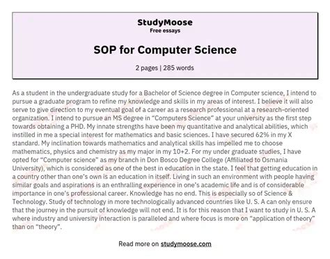 Sop For Computer Science Free Essay Example