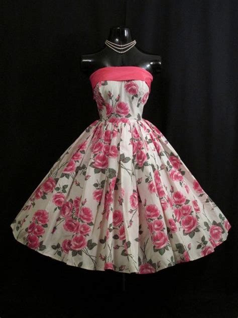 vintage 1950 s 50s strapless pink white roses by vintagevortex vintage dresses gowns dresses