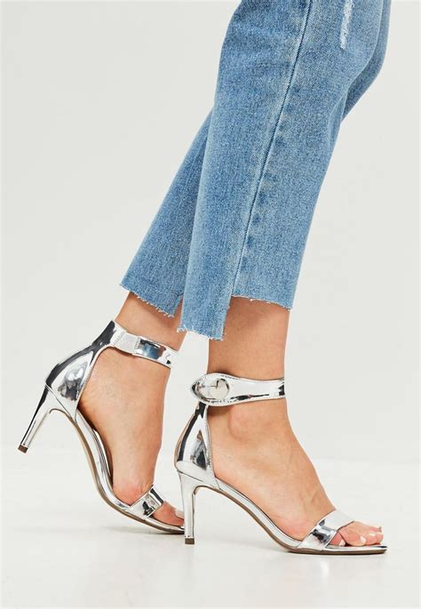 missguided silver mid heel metallic barely there heels silver mid heels women shoes online