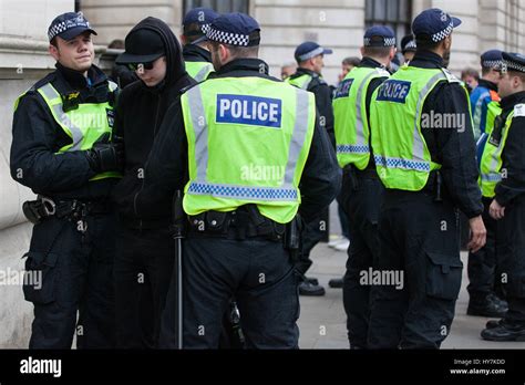 London Uk 1st April 2017 Police Officers Arrest A Male Anti Fascist Protesting Against A