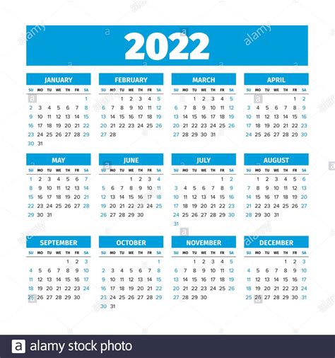 Calendario 2022 Con Las Semanas Comienzan El Domingo Imagen Vector De