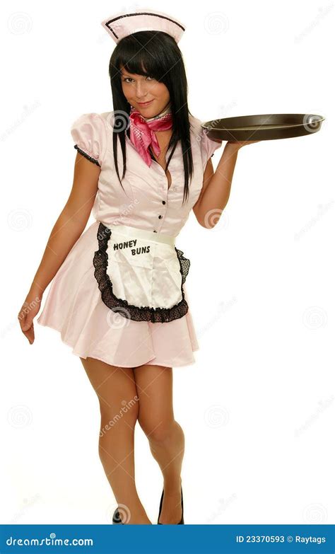 Retro Waitress With Tray Stock Image Image Of Length 23370593