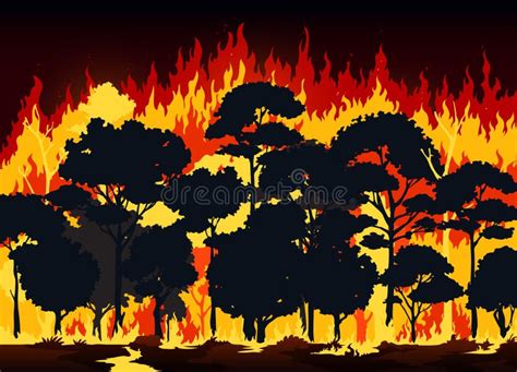 Wall Wildfire In Forest Burning Trees And Ground Stock Vector