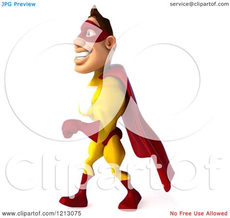 Clipart Of A 3d Walking Super Hero Man In A Yellow And Red Costume 5