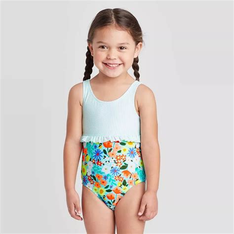 Toddler Girls Floral Seersucker Empire Ruffle One Piece Swimsuit Cat