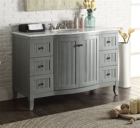 W petite vanity cabinet only in lily and chair rail & beadboard. 49 inch Beadboard Gray Cottage Bathroom Vanity Carrara ...