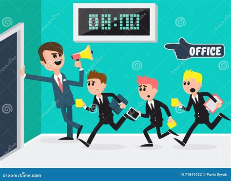 Boss With Megaphone Workers Running To Office Stock Vector